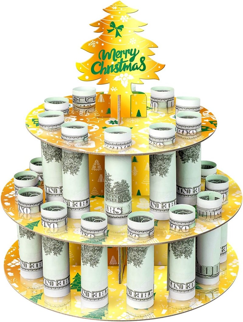 Jaywayang Cardboard Christmas Money Holder with 24 Holes, Gold Green Cash Holder for Placing Money Gifts Xmas Table Decorations. - Image 1